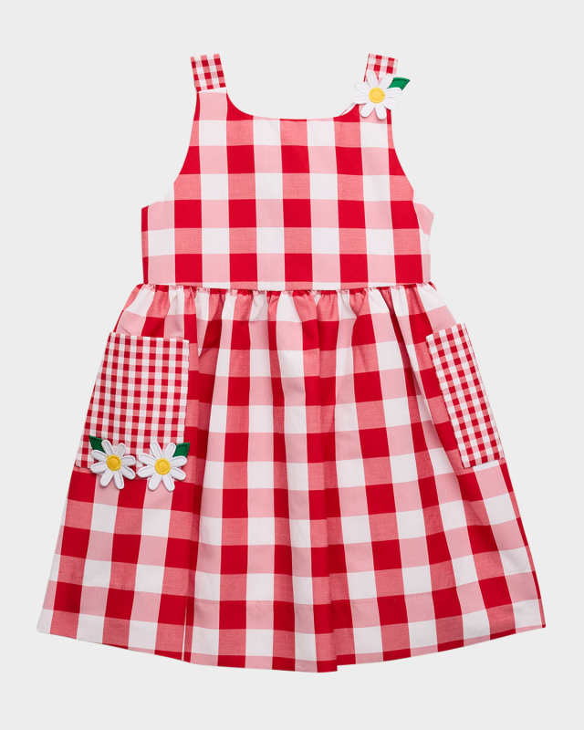 Girl's Gingham-Print Dress W/ Floral Appliqués, Size 2-6